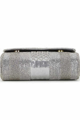 Silver Faux Silk Striped Embellished Clutch