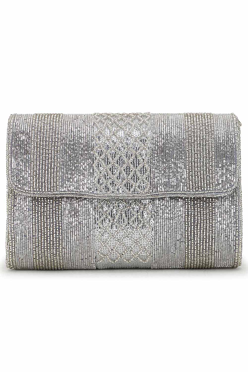 Silver Faux Silk Striped Embellished Clutch