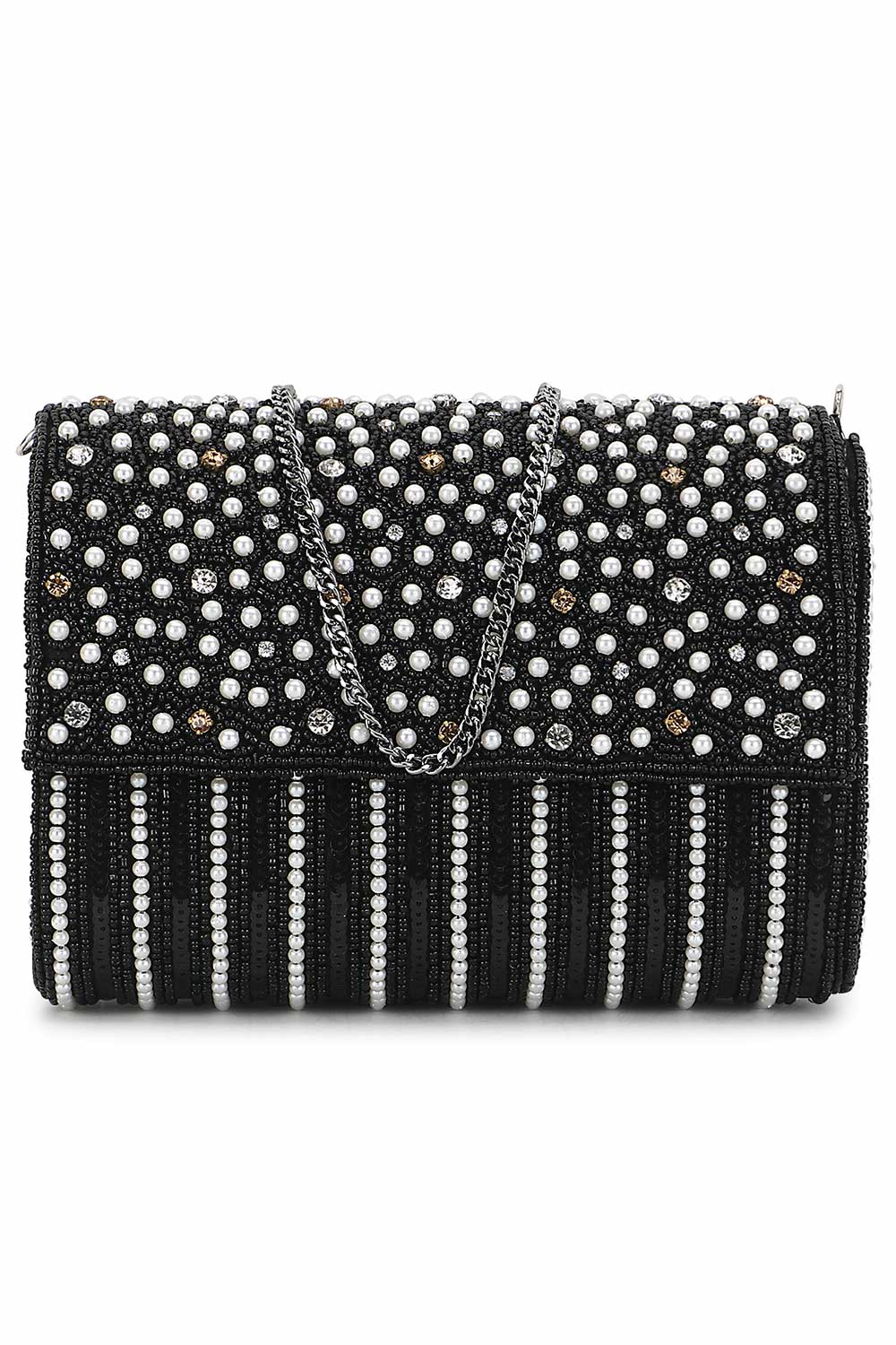 Black And White Faux Silk Striped Embellished Clutch