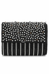 Black And White Faux Silk Striped Embellished Clutch