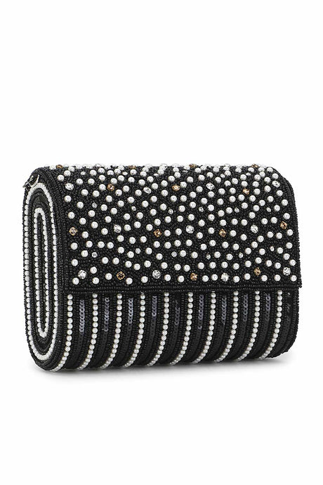 Black And White Faux Silk Striped Embellished Clutch