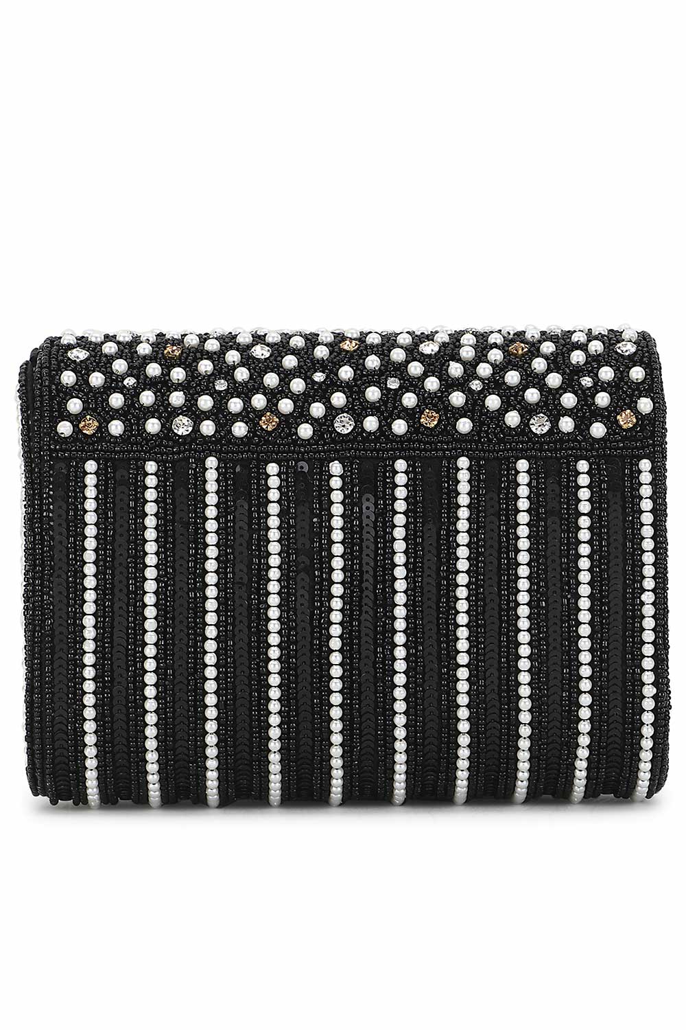 Black And White Faux Silk Striped Embellished Clutch