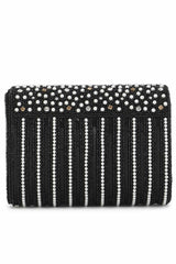 Black And White Faux Silk Striped Embellished Clutch