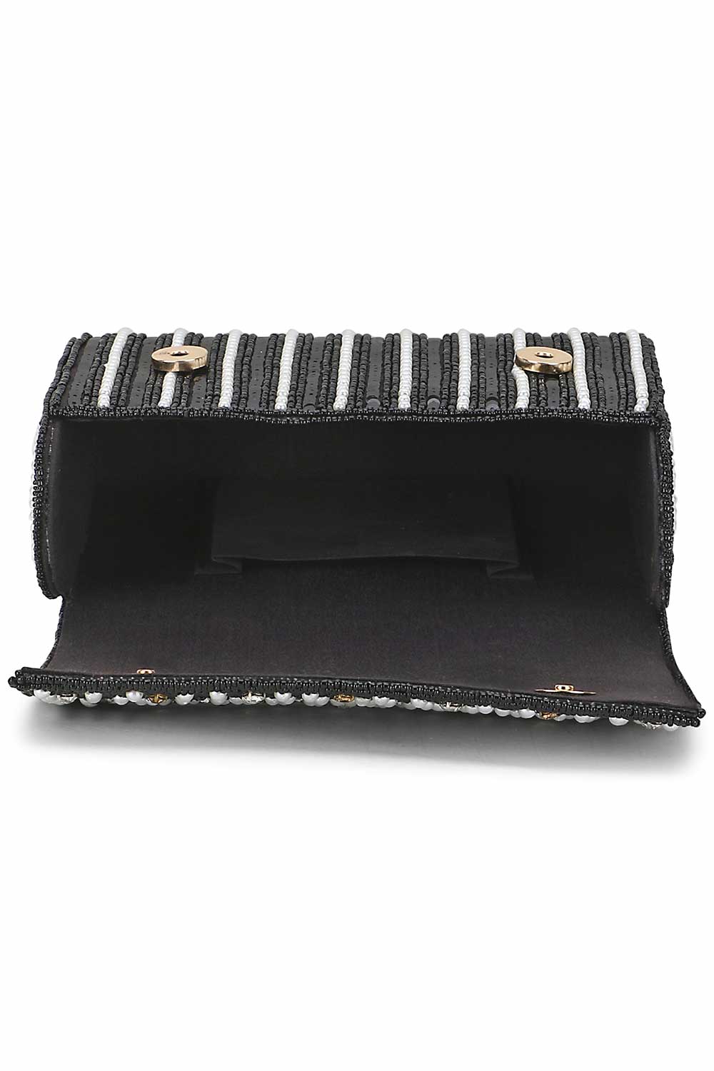 Black And White Faux Silk Striped Embellished Clutch