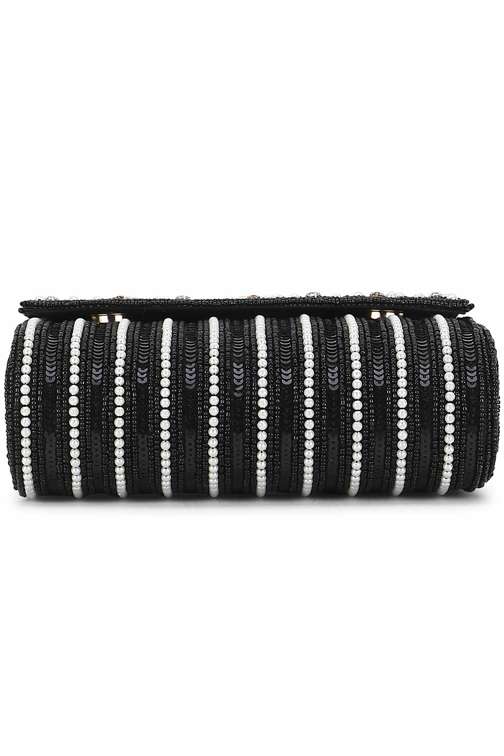 Black And White Faux Silk Striped Embellished Clutch