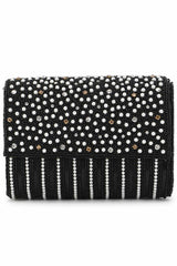 Black And White Faux Silk Striped Embellished Clutch