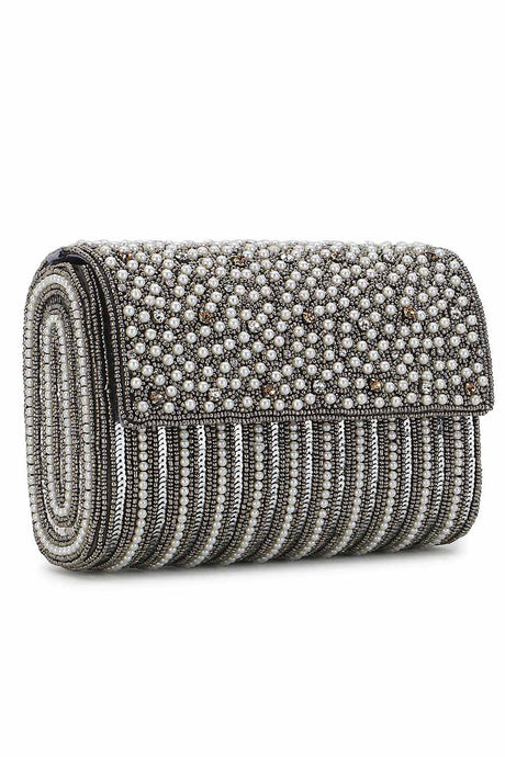 Silver And White Faux Silk Striped Embellished Clutch