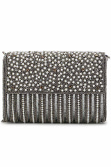 Silver And White Faux Silk Striped Embellished Clutch