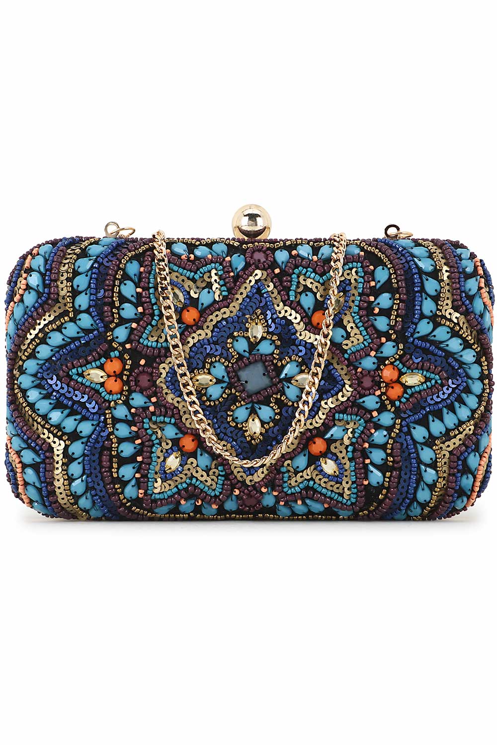 Turquoise Blue And Multi Canvas Ethnic Motifs Embellished Clutch