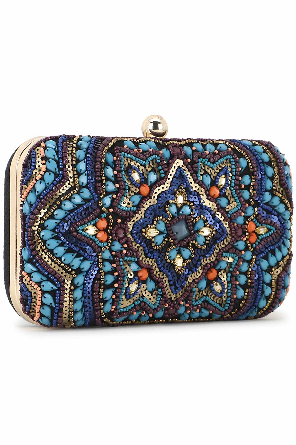 Turquoise Blue And Multi Canvas Ethnic Motifs Embellished Clutch