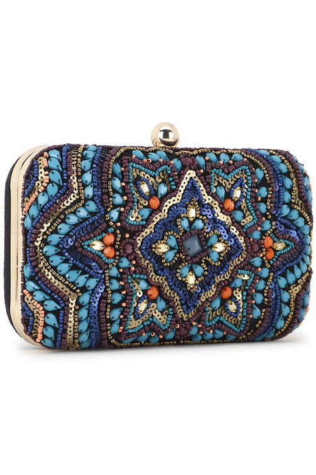 Turquoise Blue And Multi Canvas Ethnic Motifs Embellished Clutch