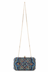 Turquoise Blue And Multi Canvas Ethnic Motifs Embellished Clutch