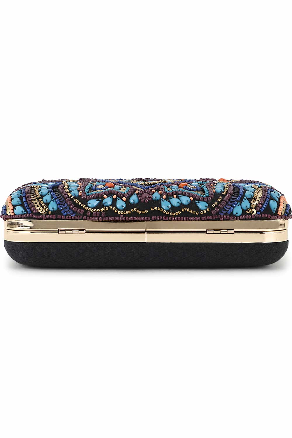 Turquoise Blue And Multi Canvas Ethnic Motifs Embellished Clutch