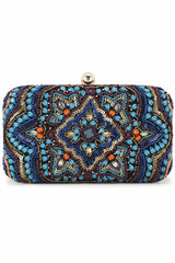 Turquoise Blue And Multi Canvas Ethnic Motifs Embellished Clutch