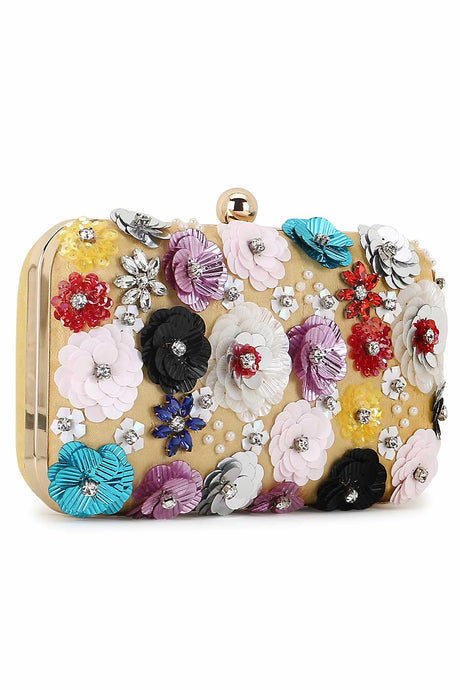 Lemon Yellow And Multi Faux Silk Floral Embellished Clutch