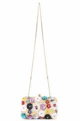 Lemon Yellow And Multi Faux Silk Floral Embellished Clutch