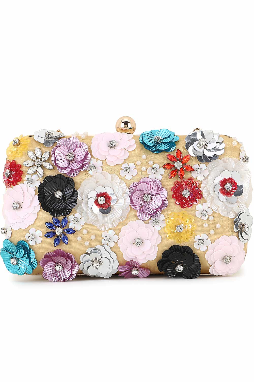 Lemon Yellow And Multi Faux Silk Floral Embellished Clutch