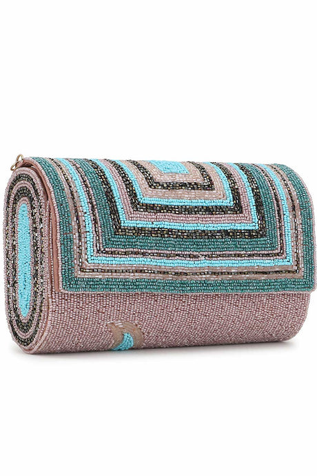 Pink And Multi Faux Silk Geometric Embellished Clutch