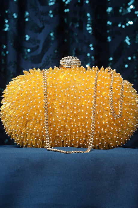Buy Honey Yellow and White Bead Work Embellished Canvas Box Clutch Online - Front