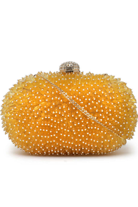 Buy Honey Yellow and White Bead Work Embellished Canvas Box Clutch Online - Side