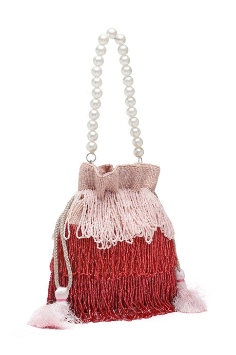 Buy Pink and Red Bead Work Embellished Satin Potli Online - Back
