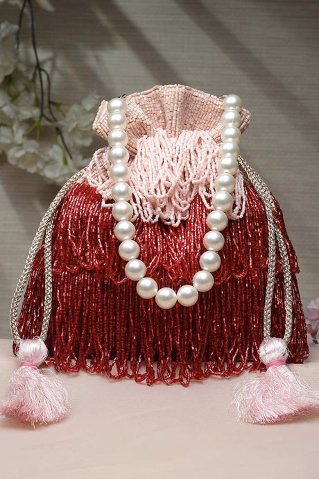 Buy Pink and Red Bead Work Embellished Satin Potli Online