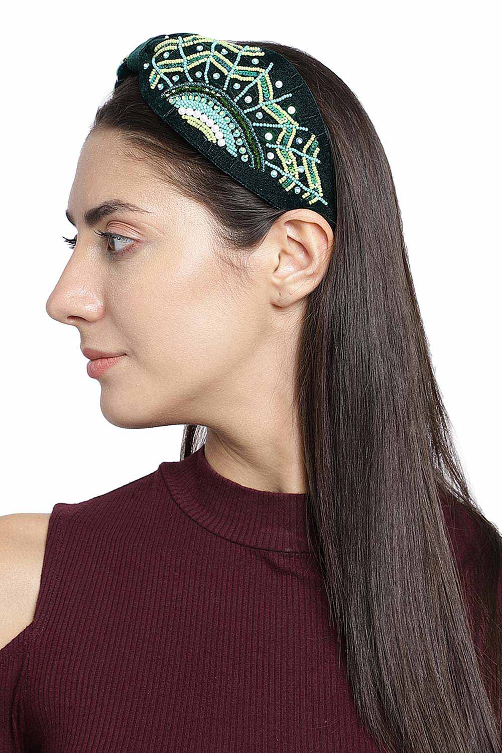 Dark Green & Multi Quirky Embellished Velvet Hair Band