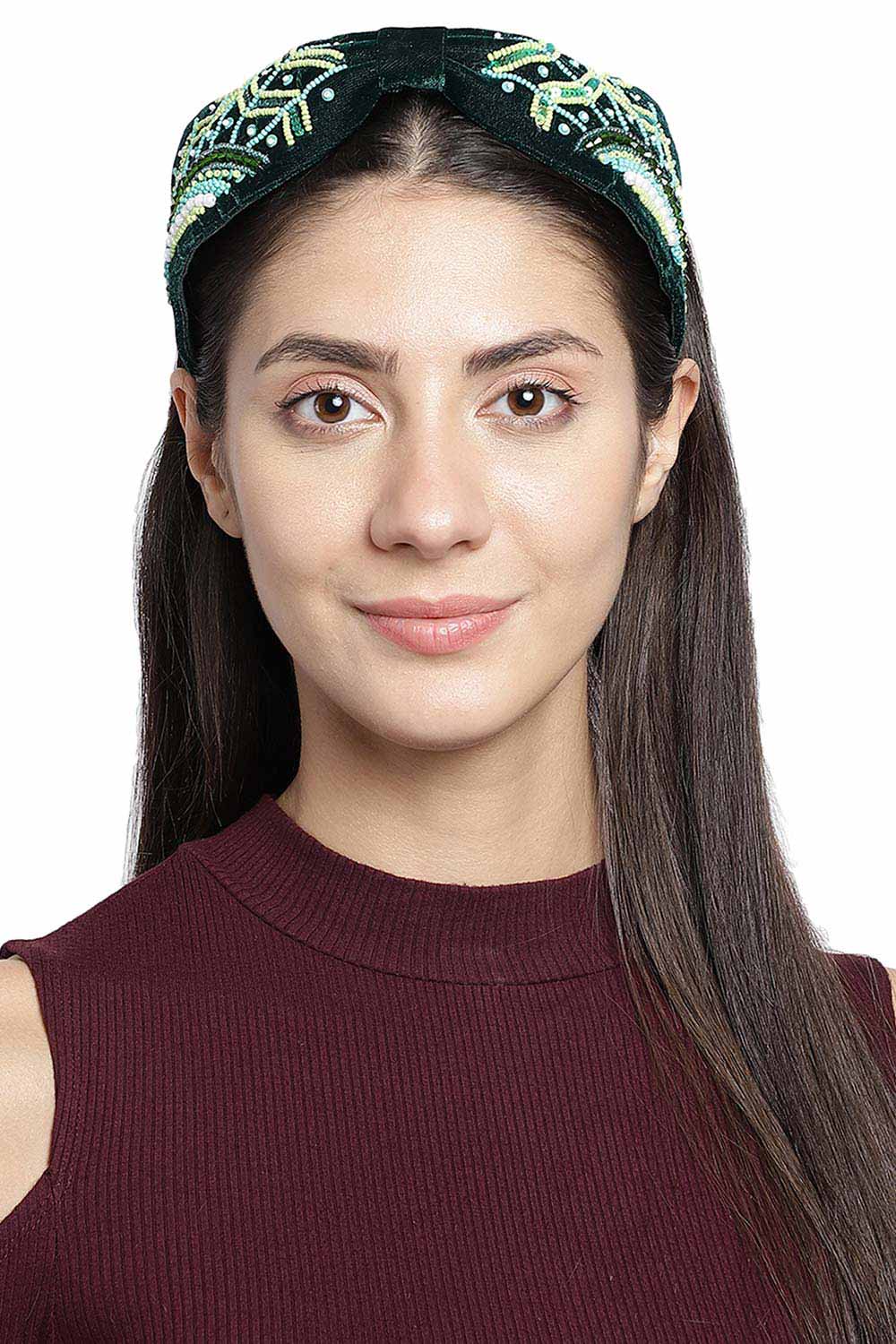 Dark Green & Multi Quirky Embellished Velvet Hair Band