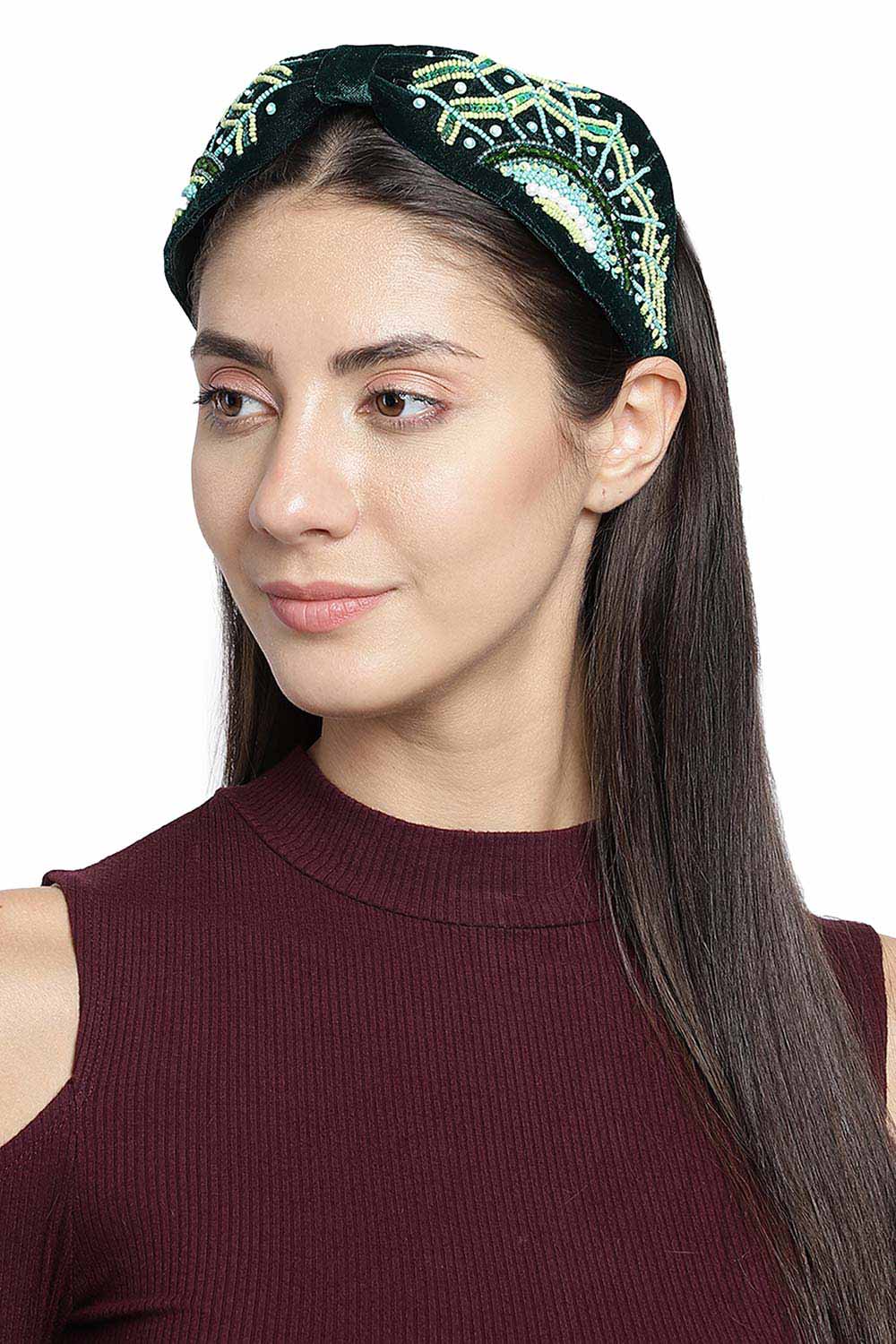 Dark Green & Multi Quirky Embellished Velvet Hair Band