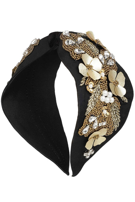 Black & Gold Floral Embellished Faux Silk Hair Band