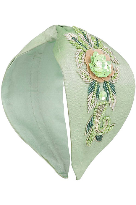 Pastel Green & Gold Floral Embellished Faux Silk Hair Band