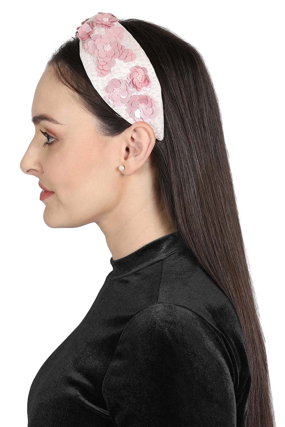 White & Pink Art Silk Floral Sequined Hairband