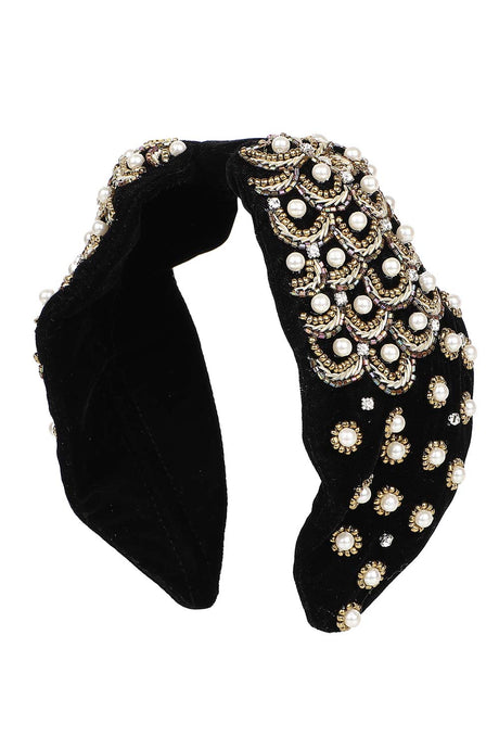 Black & Gold Velvet Pearl & Gold Beaded Hairband