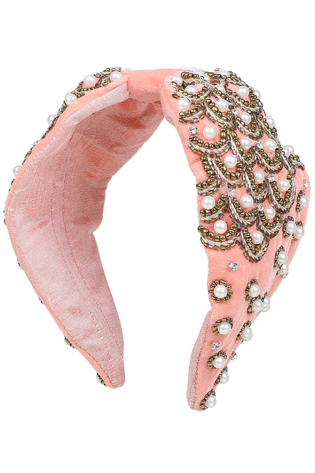 Coral & Gold Velvet Pearl Beaded Hairband