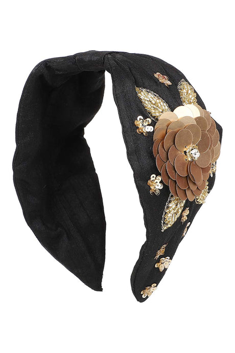 Black & Gold Art Silk Floral Sequinned Hairband
