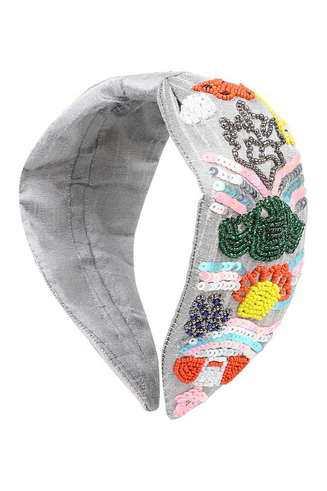 Grey & Multi Faux Silk Floral Sequin Beaded Hairband