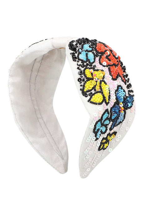 White & Multi Faux Silk Floral Sequinned Hairband