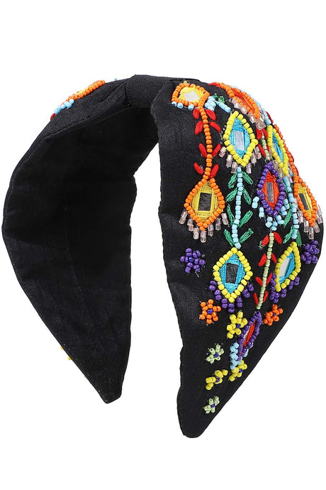 Black & Multi Faux Silk Multi Geometric Embellished Hairband