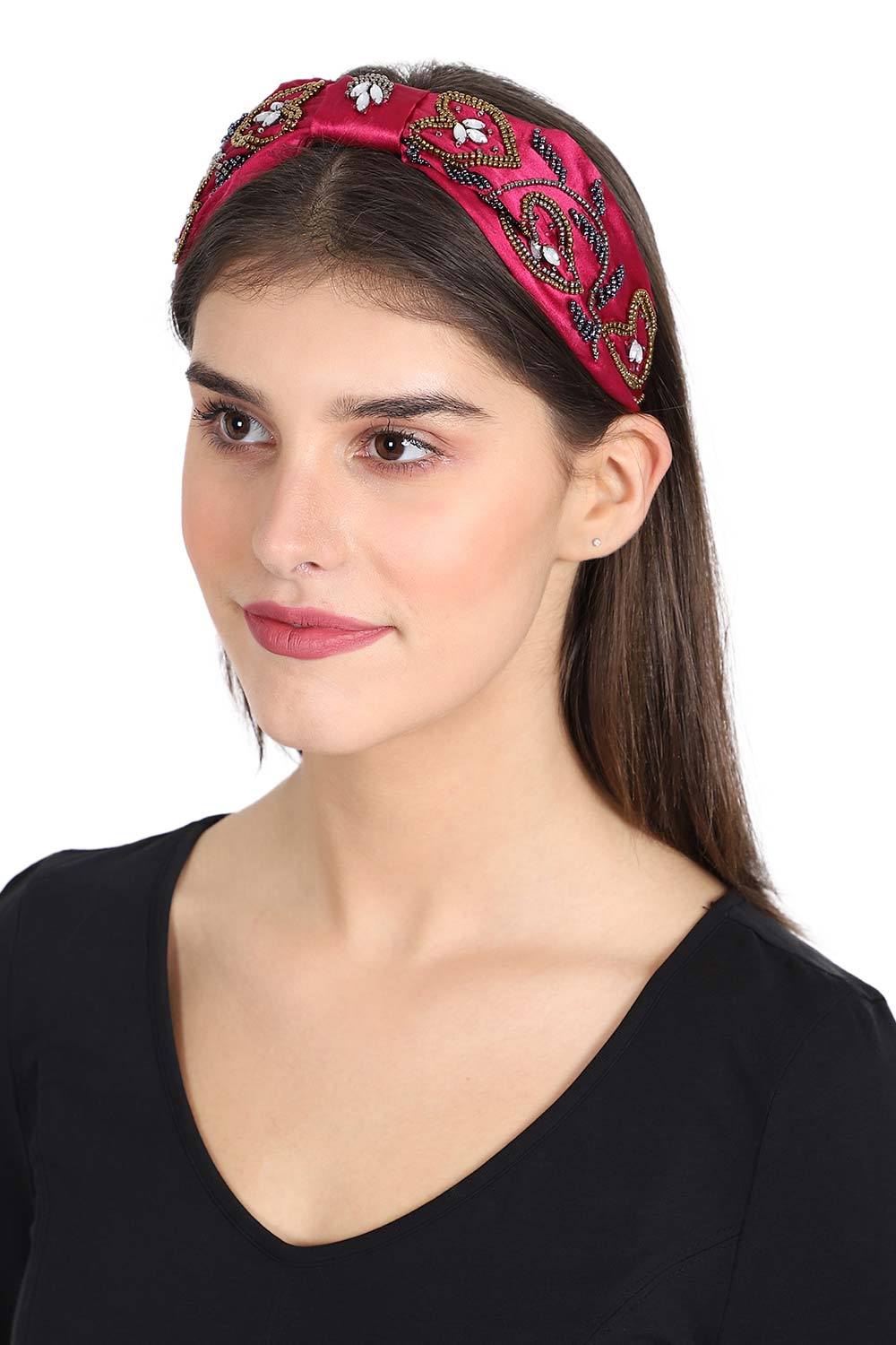 Majenta & Multi Faux Silk Floral Embellished Hairband