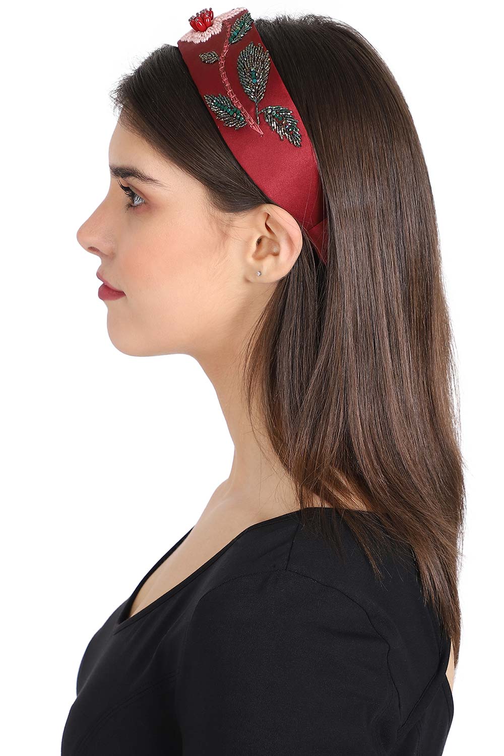 Wine & Multi Faux Silk Floral Embellished Hairband