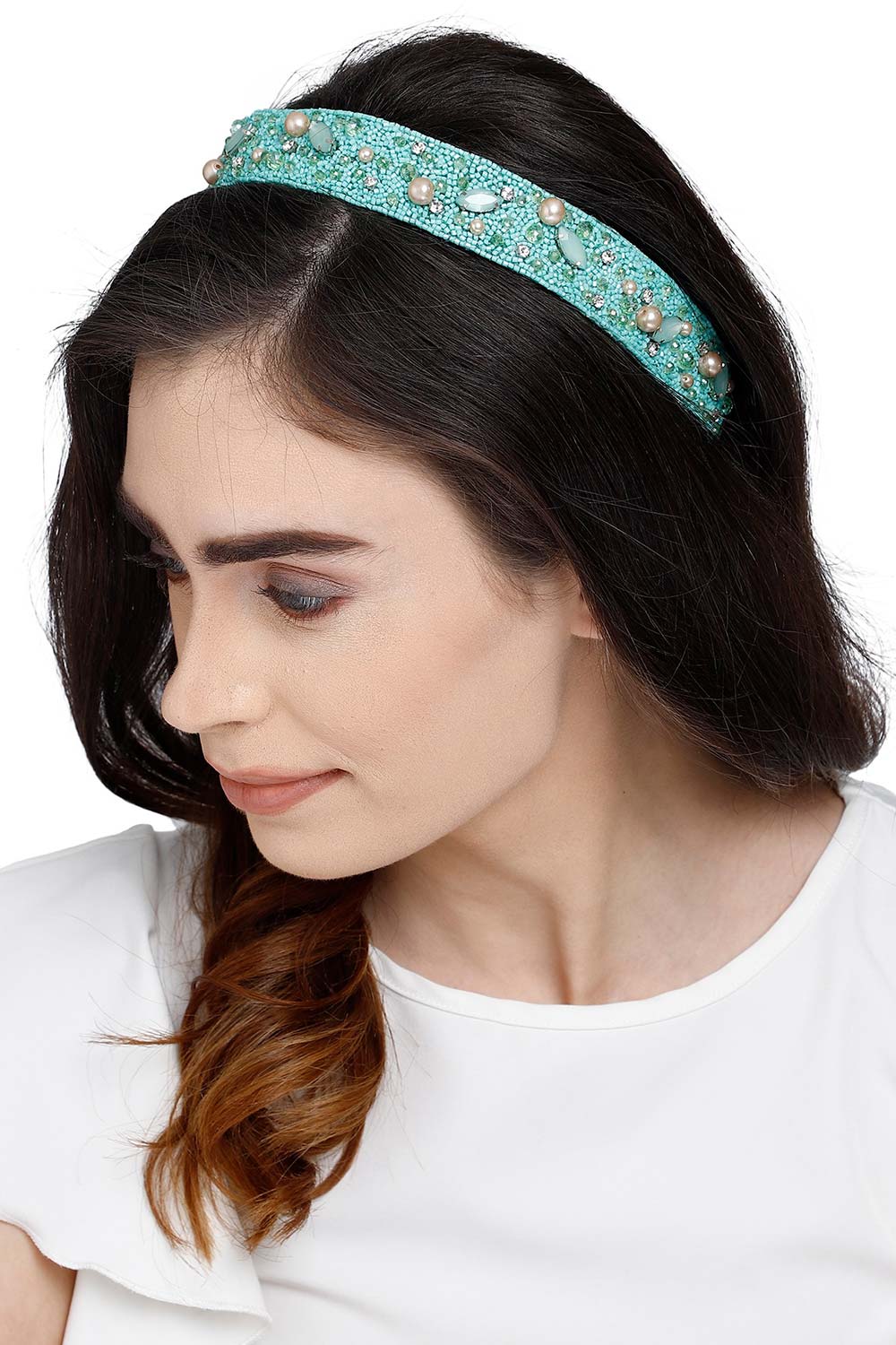 Sea Green & Multi Embellished Velvet Hair Band