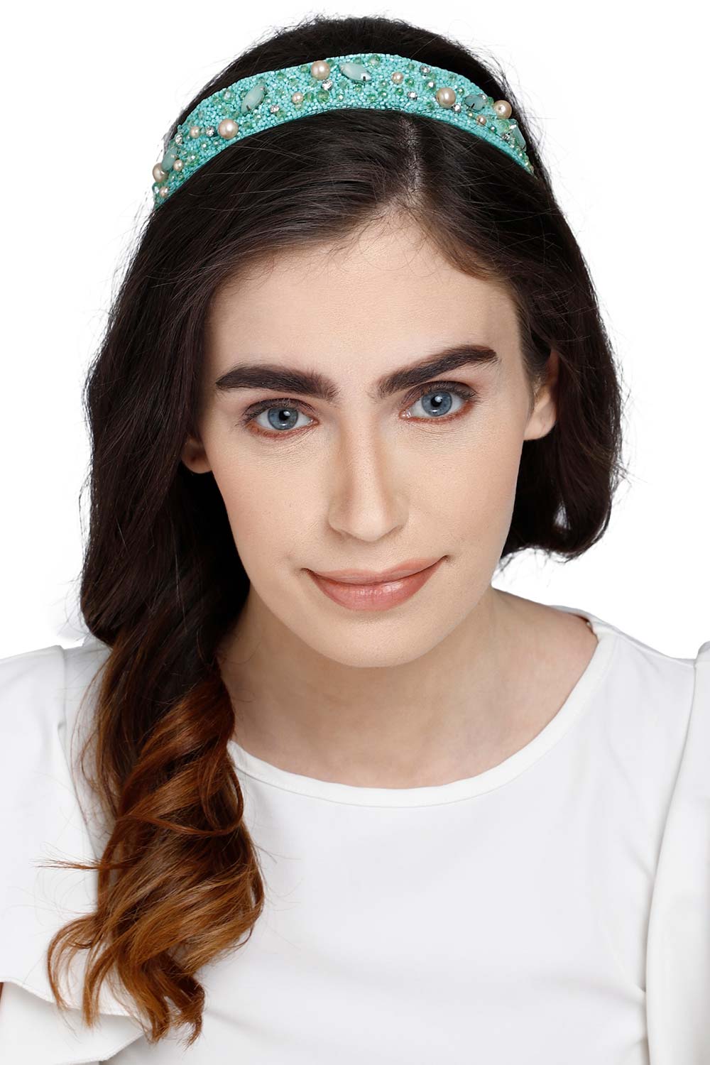 Sea Green & Multi Embellished Velvet Hair Band