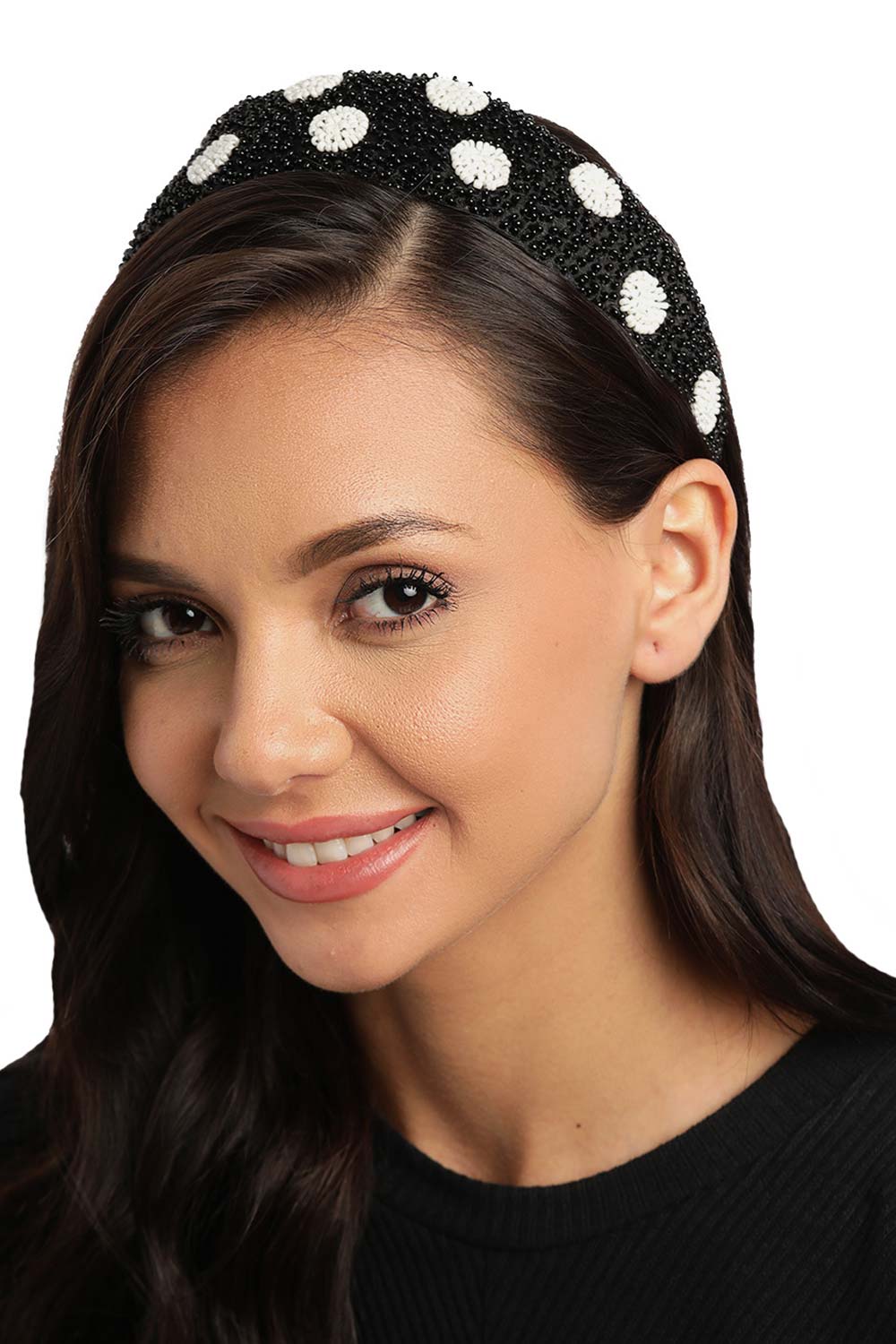 Black & White Beaded Faux Silk Hair Band