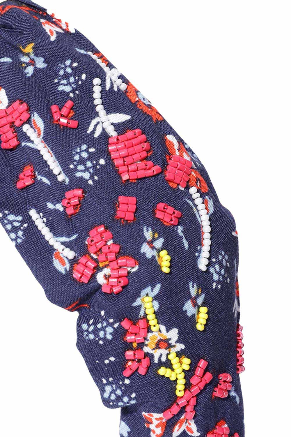 Navy & Multi Beaded Printed Cotton Hair Band