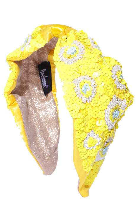 Yellow & Multi Floral Sequined Satin Faux Silk Hair Band