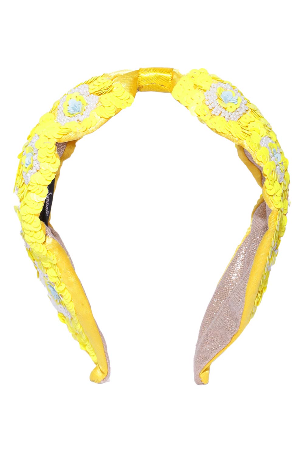 Yellow & Multi Floral Sequined Satin Faux Silk Hair Band