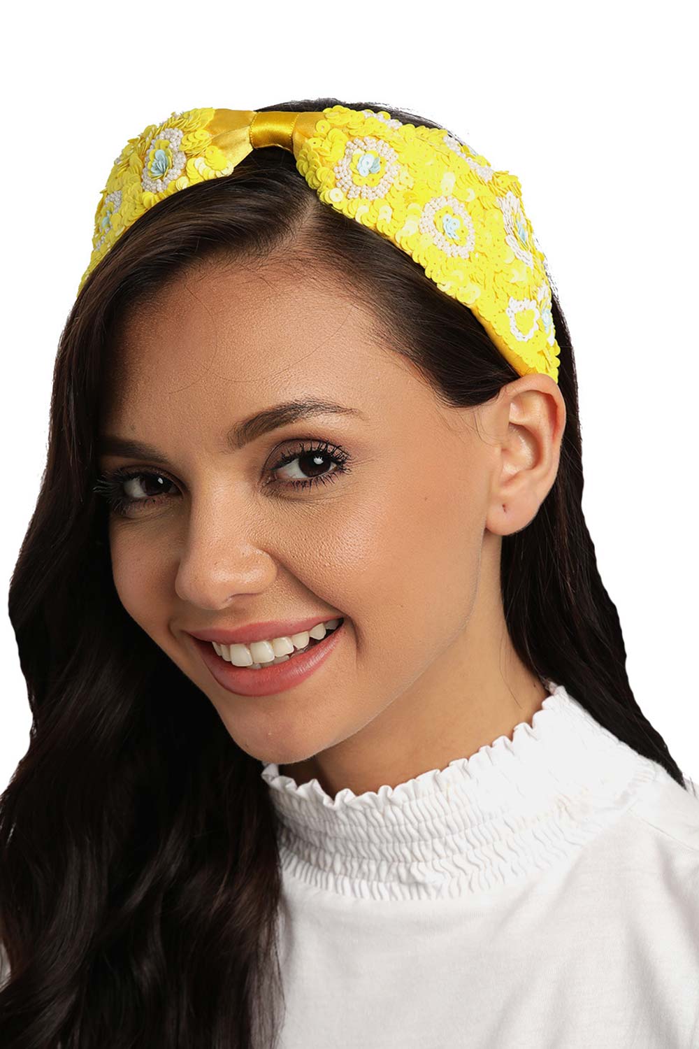 Yellow & Multi Floral Sequined Satin Faux Silk Hair Band