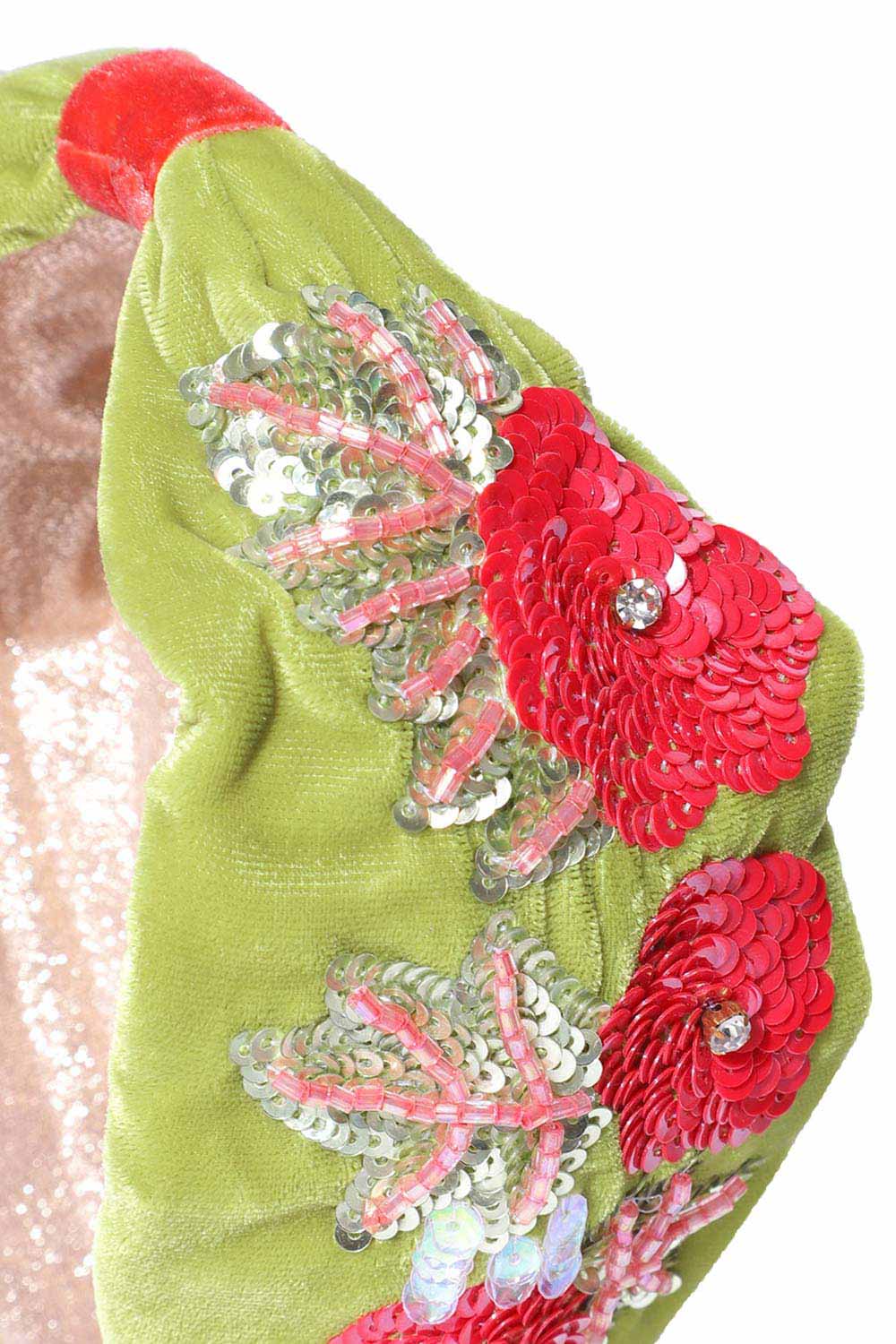 Sea Green & Red Floral Embellished Velvet Hair Band