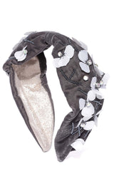 Grey & White Floral Embellished Velvet Hair Band