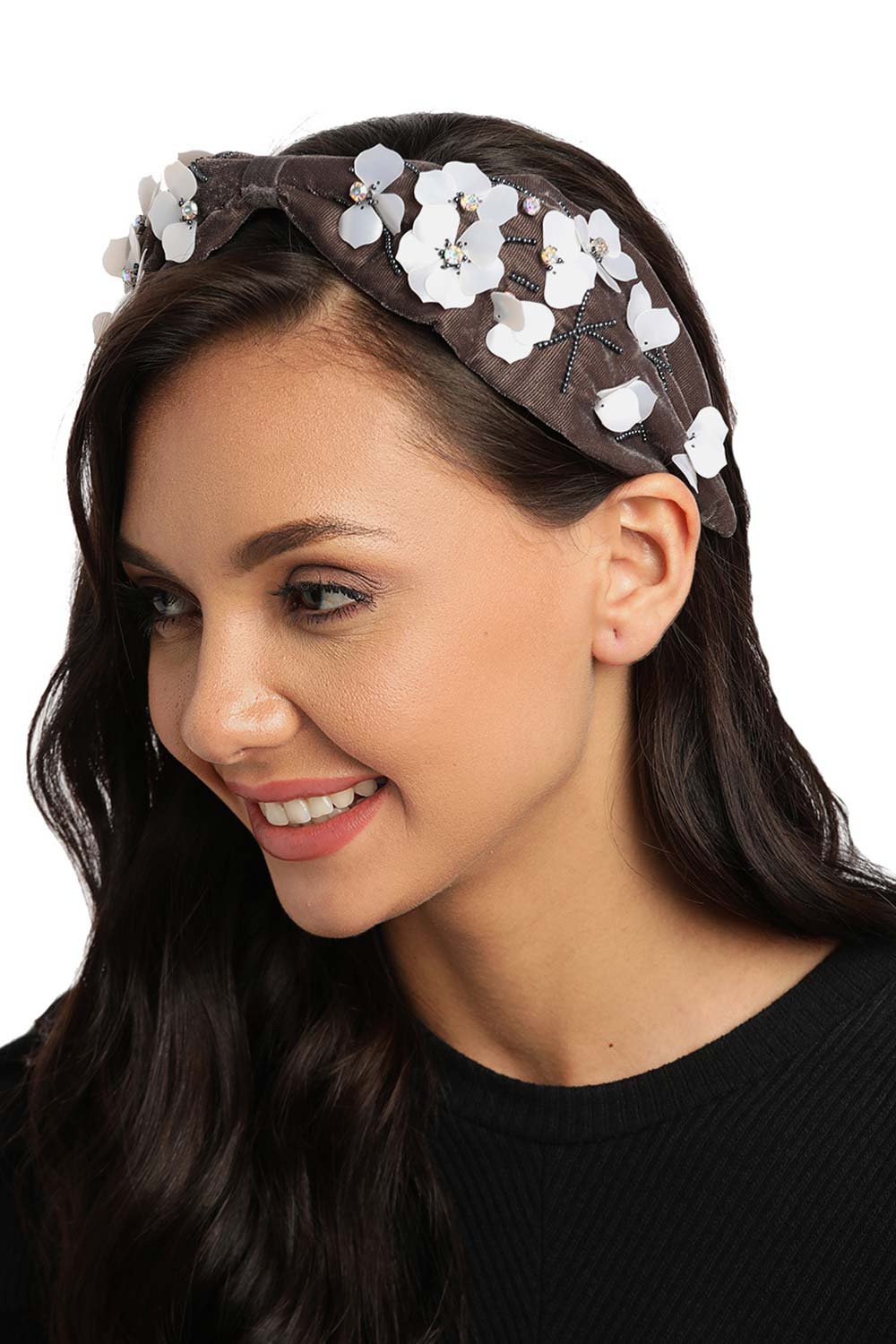 Grey & White Floral Embellished Velvet Hair Band